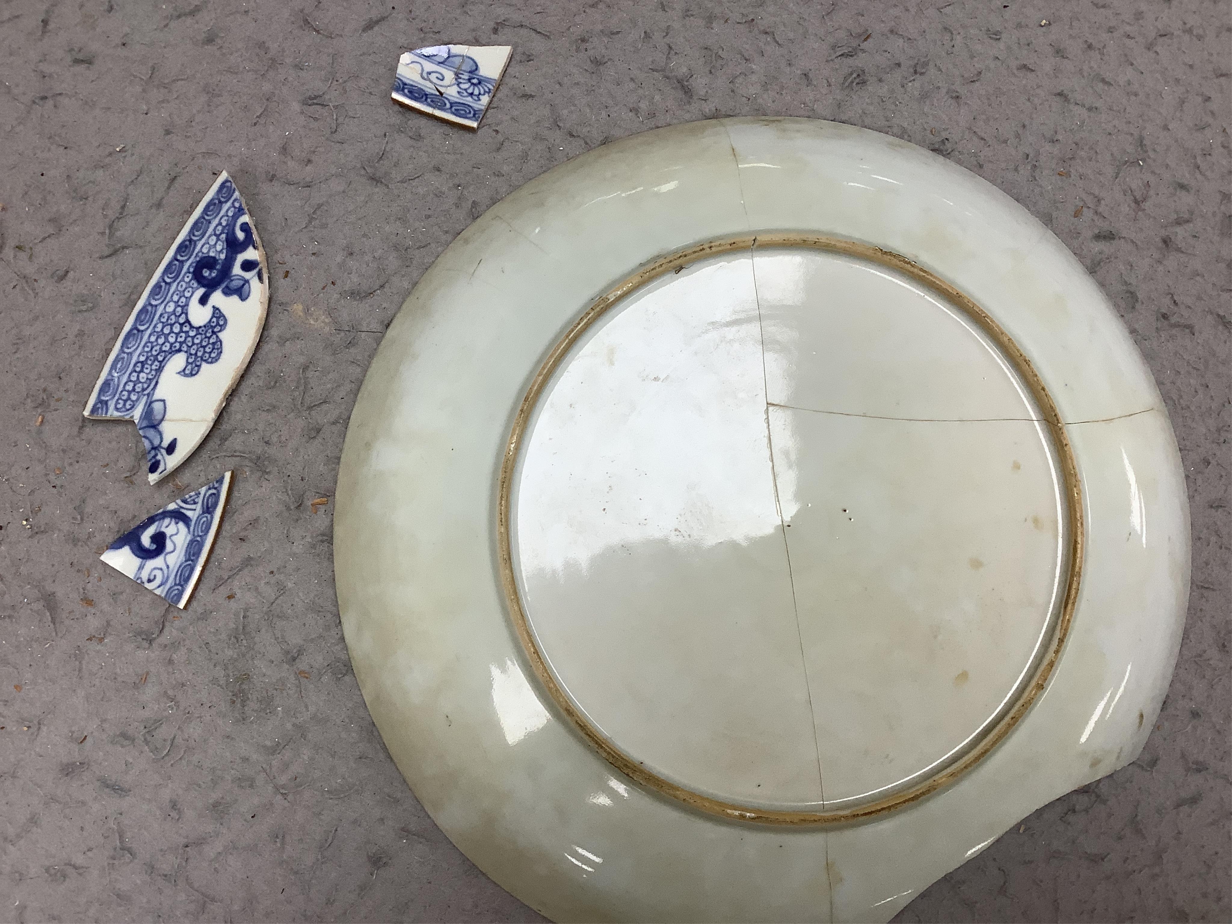 Three Japanese Kakiemon style blue and white dishes and an 18th century Chinese famille rose dish. Condition - varies